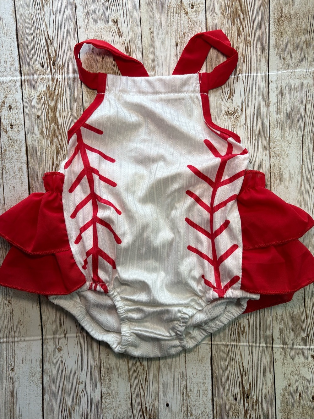 SHEIN White & Red Baseball Stitch Ruffle One-Piece Halter Romper